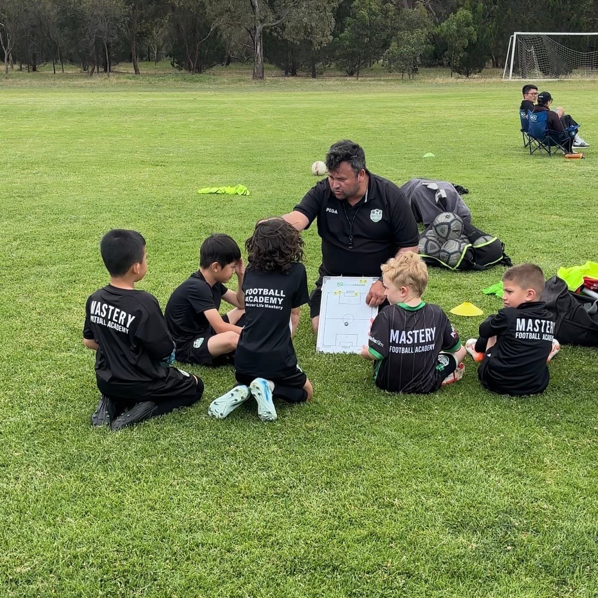 Mastery Football Academy players learning tactical concepts with a whiteboard during match simulation