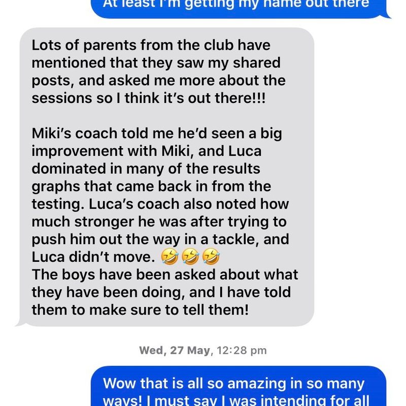 Parent message to Kyle: club coaches noticed a big improvement and extra strength in the boys after his private sessions