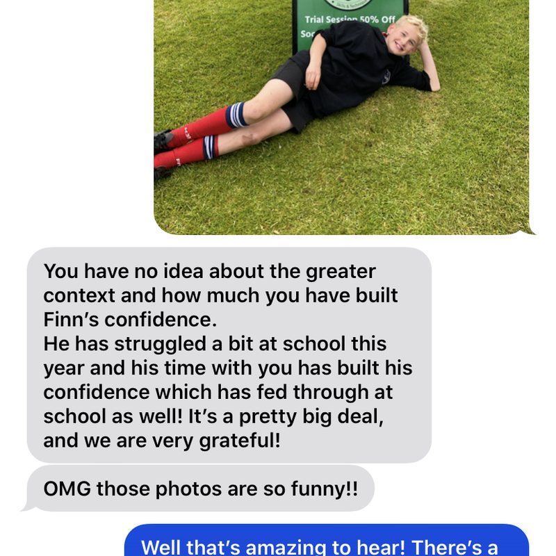 Parent message to Kyle: you built Finn's confidence, which fed through to school as well, a pretty big deal