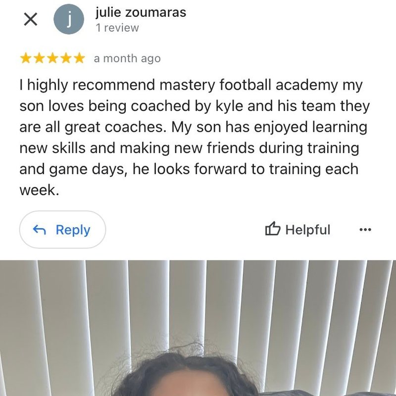 Five-star Google review from Julie Zoumaras: my son loves being coached by Kyle and looks forward to training each week